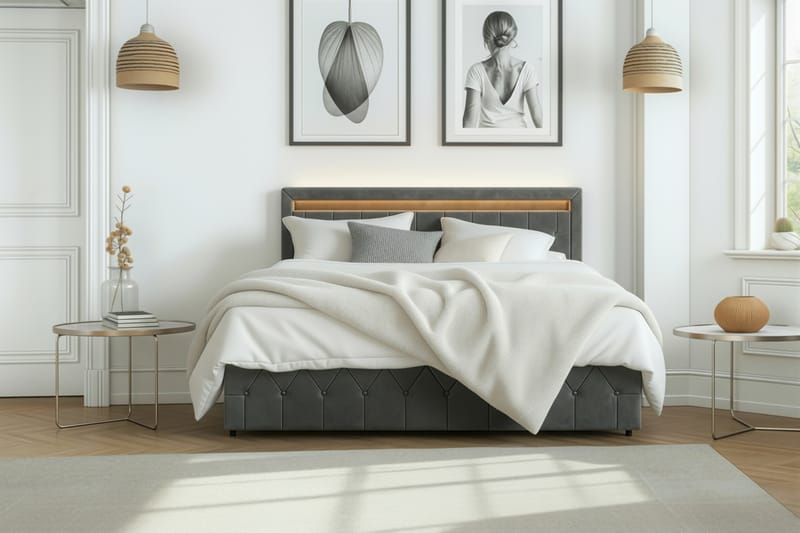 Tilly Komplet Sengesæt med Opbevaring LED-belysning 180x200 cm - Grå - Møbler - Senge - Komplet sengepakke