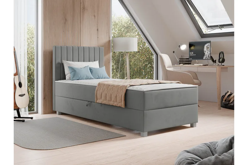 Veyran Sengepakke Kontinentalseng med Opbevaring 90x200 cm - Grå - Møbler - Senge - Komplet sengepakke