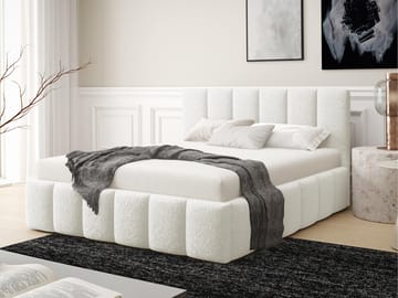 Vinvik Sengeramme med Opbevaring 140x200 cm i Bouclé med Træstel - Hvid - Møbler - Senge - Sengeramme & sengestel