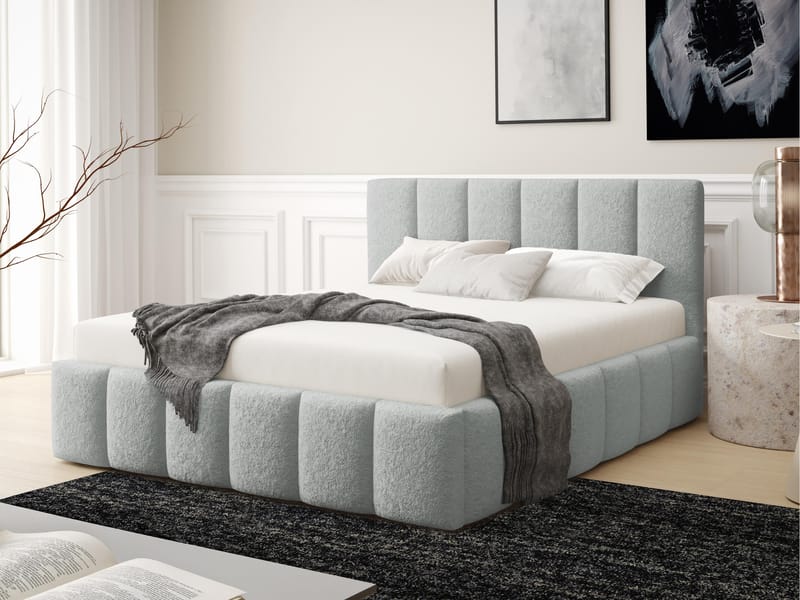 Vinvik Sengeramme med Opbevaring 180x200 cm i Bouclé med Træstel - Grå - Møbler - Senge - Sengeramme & sengestel
