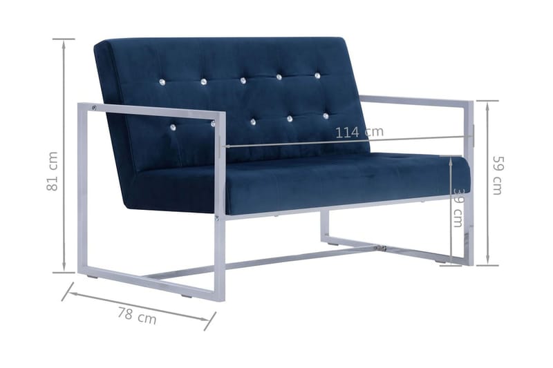 2-Personers Sofa Med Armlæn Krom Og Fløjl Blå - Blå - 2 personers sofa