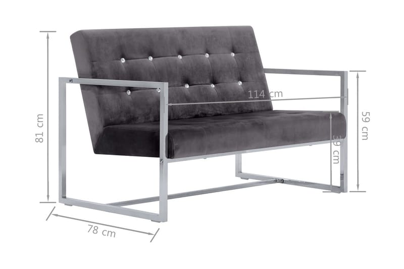 2-Personers Sofa Med Armlæn Krom Og Fløjl Mørkegrå - Grå - 2 personers sofa