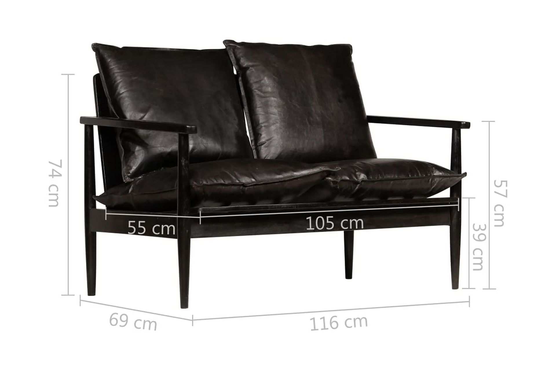 2-Personers Sofa Ægte Læder Akacietræ Sort - Sort - Møbler - Sofaer - 2 personers sofa