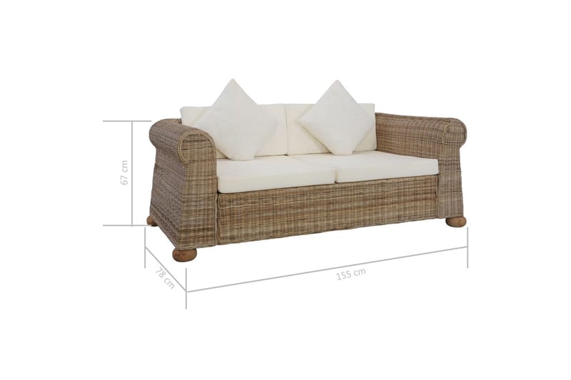 2-Personers Sofa Med Hynder Naturlig Rattan - Brun - 2 personers sofa