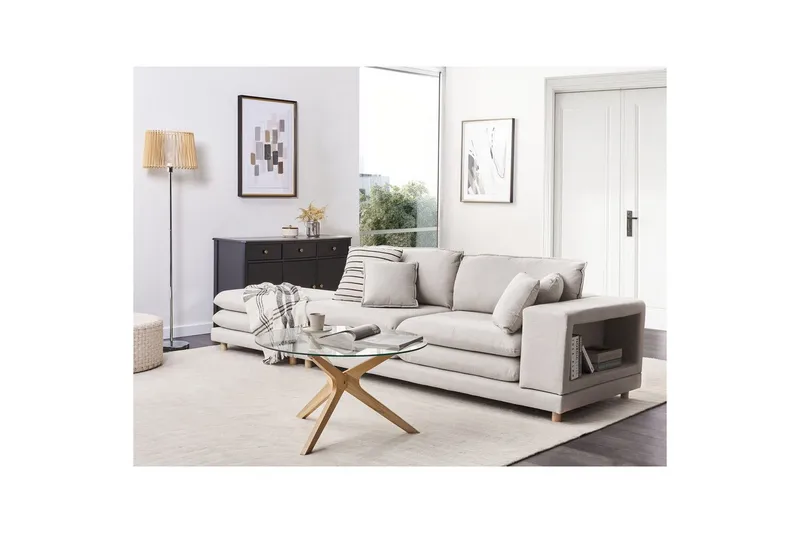2-sitssoffa med fotpall Beliani Heden Beige/ljust trä Beige||Light colored wood - Møbler - Sofaer - 2 personers sofa