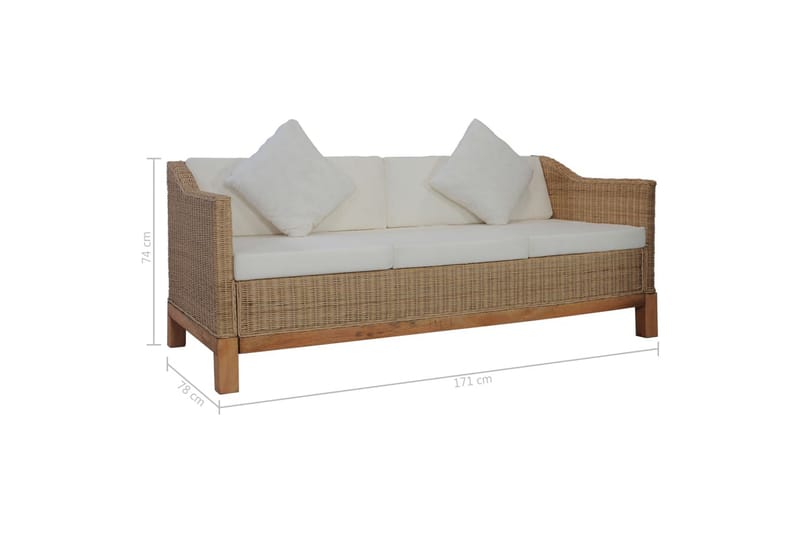 3-Personers Sofa Med Hynder Naturlig Rattan - Brun - 3 personers sofa