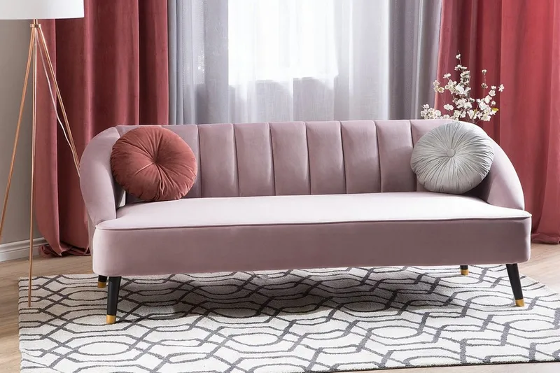 Alsvag 3-personers Kanalsyet Fløjlssofa med Træben - Rosa - Møbler - Sofaer - 3 personers sofa
