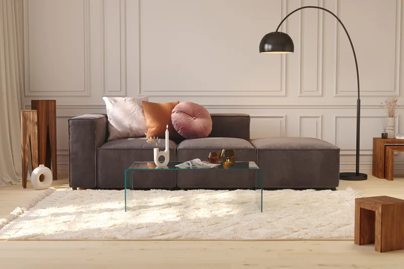 Cubo 3-personers Dyb Modulsofa + Fodskammel i Fløjl - Mørkegrå - Møbler - Sofaer - Modulsofaer - Komplet modulsofa