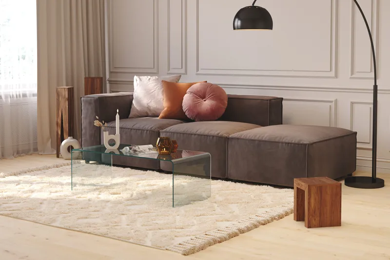 Cubo 3-personers Dyb Modulsofa + Fodskammel i Fløjl - Mørkegrå - Møbler - Sofaer - Modulsofaer - Komplet modulsofa