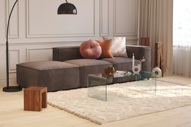 Cubo 3-personers Dyb Modulsofa + Fodskammel i Fløjl - Mørkegrå - Møbler - Sofaer - Modulsofaer - Komplet modulsofa