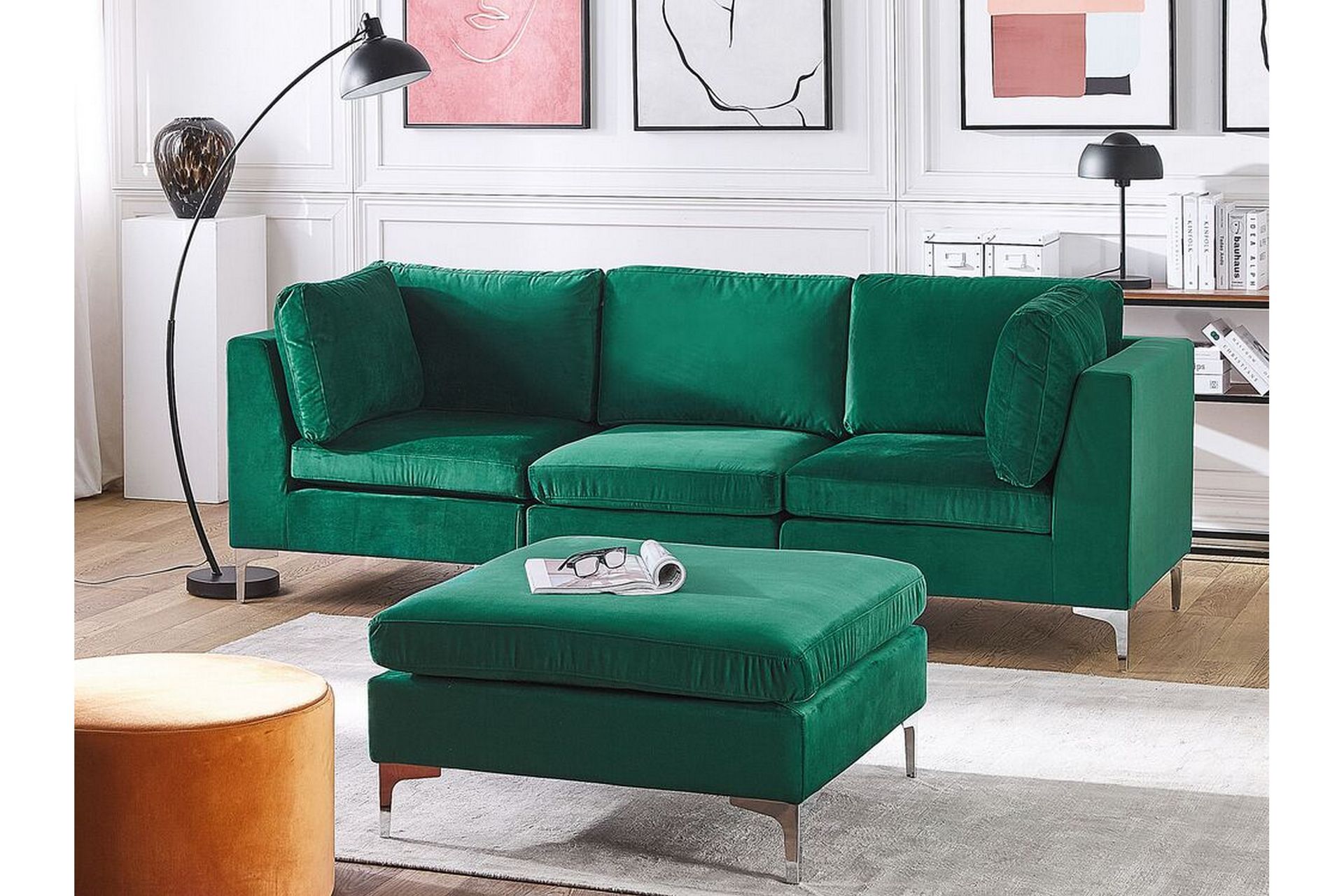 Evja 3-Pers. Sofa med Fodskammel - Velour/Grøn - Møbler - Sofaer - 3 personers sofa