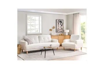 3-sitssoffa Beliani Tuve Beige, ljust trä, Bouclé White||Light colored wood - Møbler - Sofaer - 3 personers sofa