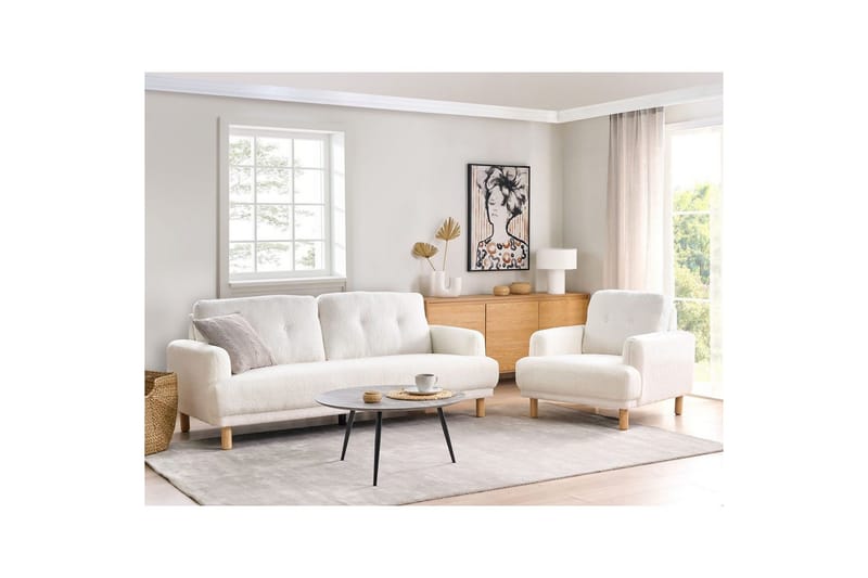 3-sitssoffa Beliani Tuve Beige, ljust trä, Bouclé White||Light colored wood - Møbler - Sofaer - 3 personers sofa