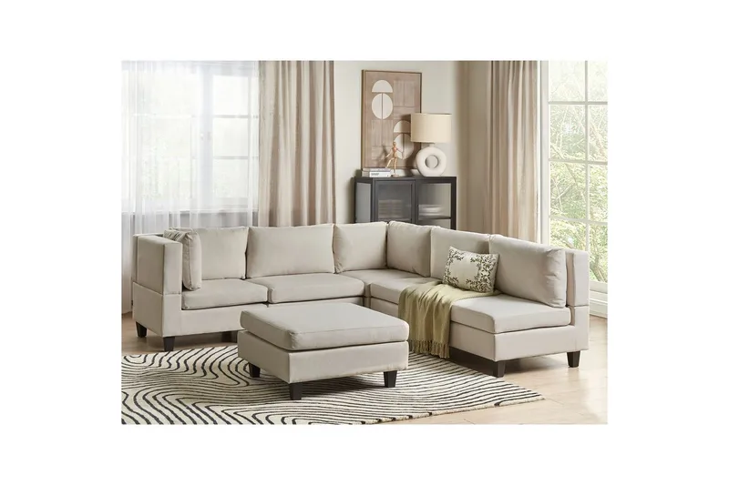 5-sits Hörnsoffa med fotpall Beliani Unstad Beige/svart, Högervänd, Polyester Beige, Black - Møbler - Sofaer - Modulsofaer - Komplet modulsofa