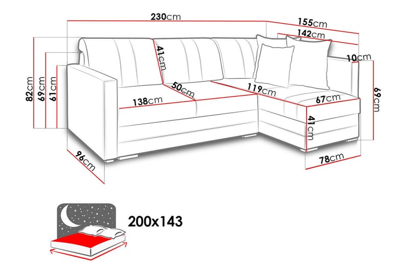 Alba 4-personers Venstrevendt L-formet Sovesofa 143x200 cm med Opbevaring i Stof - Grå - Møbler - Sofaer - Sovesofaer