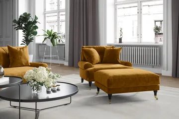 Andrew Sofaarrangement 3-personers + 2-personers Sofa + Lænestol + Fodskammel i Fløjl - Mørkegul - Møbler - Sofaer - Velour sofaer