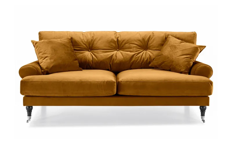 Andrew Sofaarrangement 3-personers + 2-personers Sofa + Lænestol + Fodskammel i Fløjl, Mørkegul