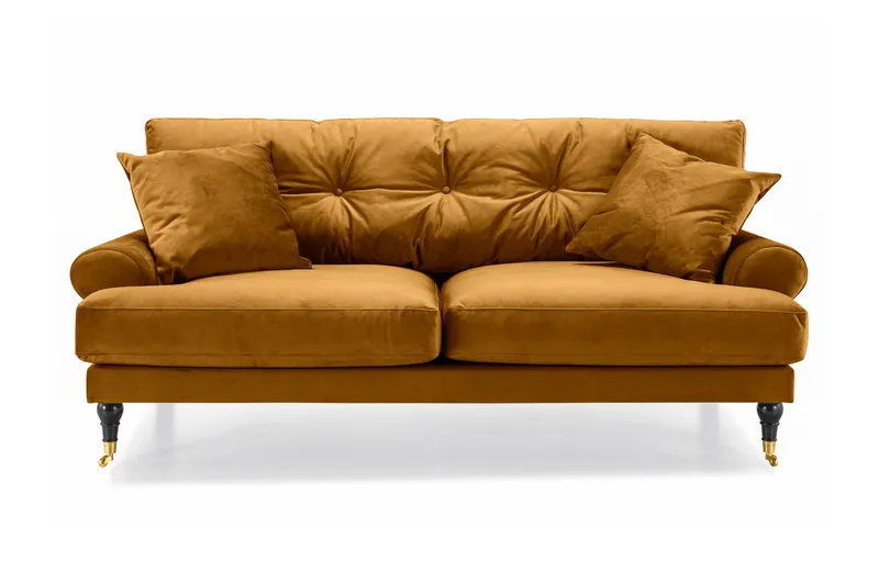 Andrew Sofaarrangement 3-personers + 2-personers Sofa + Lænestol + Fodskammel i Fløjl, Mørkegul