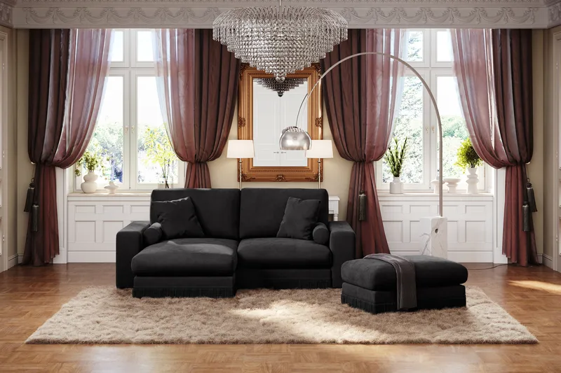 Arken Lyx 3-personers Vendbar L-formet Dyb Chaiselongsofa i fløjl - Sort - Møbler - Sofaer - Sofa med chaiselong