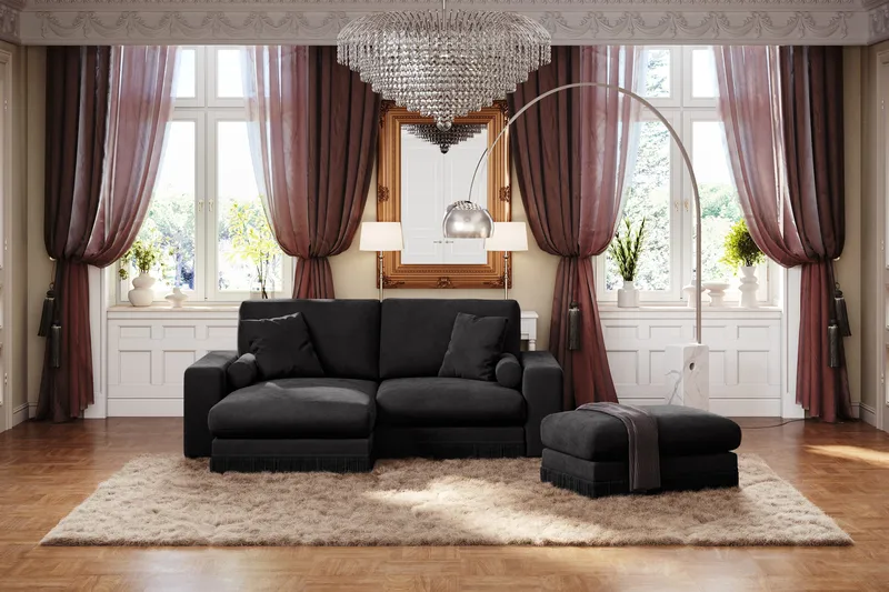 Arken Lyx 3-personers Vendbar L-formet Dyb Chaiselongsofa i fløjl - Sort - Møbler - Sofaer - Sofa med chaiselong