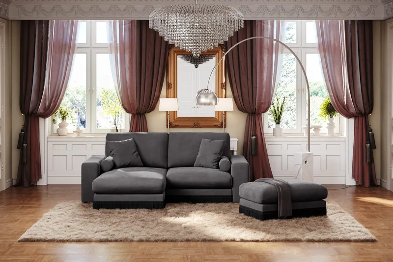 Arken Lyx 3-personers Vendbar L-formet Dyb Chaiselongsofa i fløjl - Mørkegrå - Møbler - Sofaer - Sofa med chaiselong