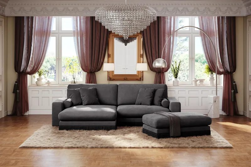 Arken Lyx 4-personers Vendbar L-formet Dyb Chaiselongsofa i fløjl - Mørkegrå - Møbler - Sofaer - Sofa med chaiselong