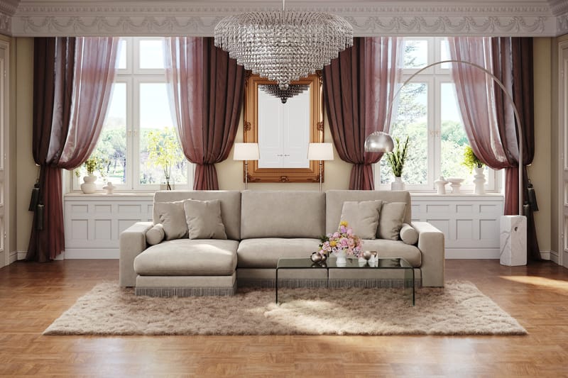 Arken Lyx 5-personers Vendbar L-formet Dyb Chaiselongsofa i fløjl - Beige - Møbler - Sofaer - Sofa med chaiselong