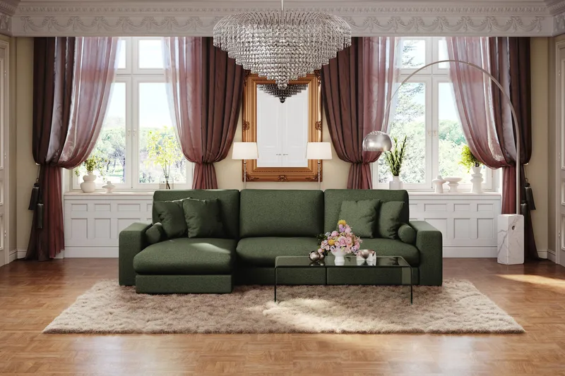 Arken Lyx 5-personers Vendbar L-formet Dyb Chaiselongsofa i stof - Grøn - Møbler - Sofaer - Sofa med chaiselong