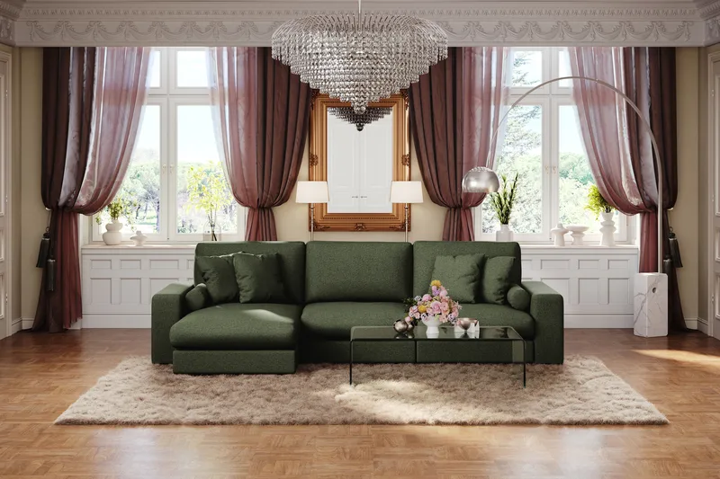 Arken Lyx 5-personers Vendbar L-formet Dyb Chaiselongsofa i stof - Grøn - Møbler - Sofaer - Sofa med chaiselong