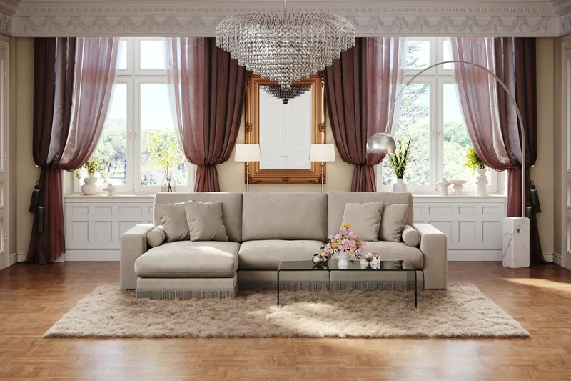 Arken Lyx 5-personers Vendbar L-formet Dyb Chaiselongsofa i fløjl - Beige - Møbler - Sofaer - Sofa med chaiselong