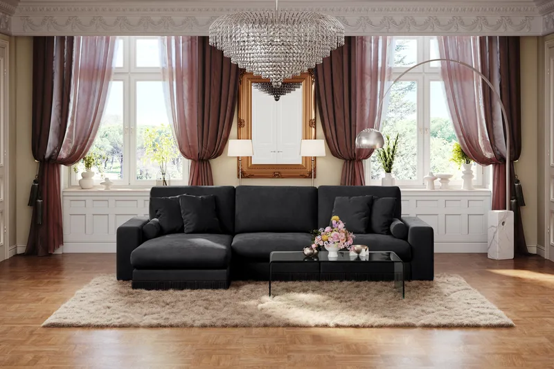 Arken Lyx 5-personers Vendbar L-formet Dyb Chaiselongsofa i fløjl - Sort - Møbler - Sofaer - Sofa med chaiselong