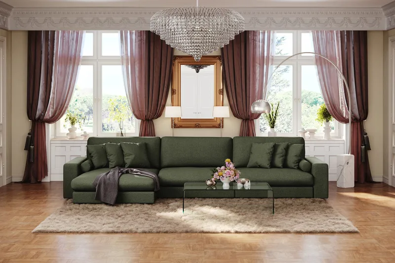 Arken Lyx 6-personers Vendbar L-formet Dyb Chaiselongsofa i stof - Grøn - Møbler - Sofaer - Sofa med chaiselong