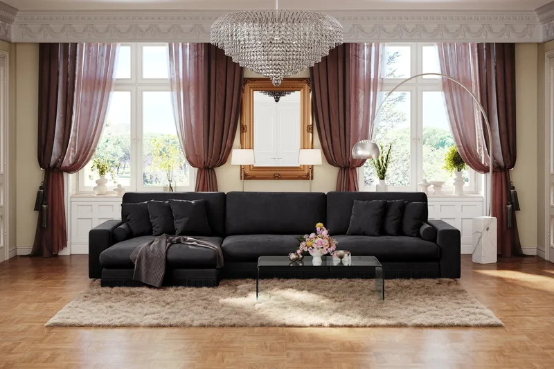 Arken Lyx 6-personers Vendbar L-formet Dyb Chaiselongsofa i fløjl - Sort - Møbler - Sofaer - Sofa med chaiselong