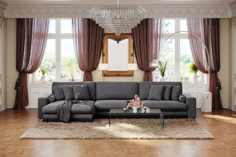 Arken Lyx 6-personers Vendbar L-formet Dyb Chaiselongsofa i fløjl - Mørkegrå - Møbler - Sofaer - Sofa med chaiselong