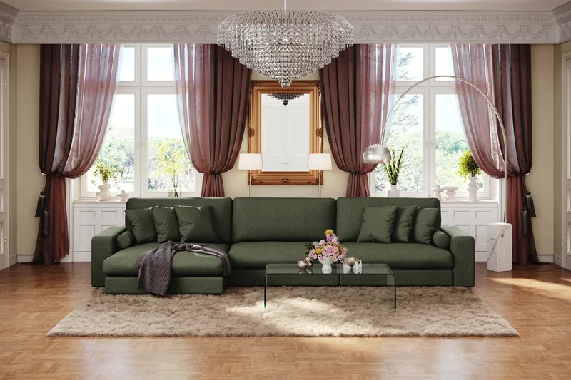 Arken Lyx 6-personers Vendbar L-formet Dyb Chaiselongsofa i stof - Grøn - Møbler - Sofaer - Sofa med chaiselong