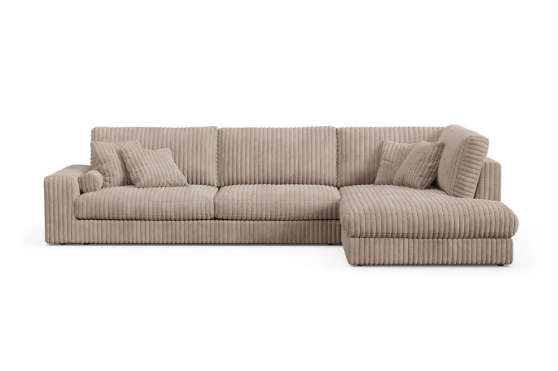 Arken Lyx dyb, højrevendt 5-personers chaiselongsofa i riflet fløjl, Greige