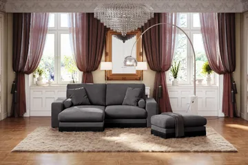 Arken Lyx dyb, vendbar L-formet 3-personers chaiselongsofa i velour - Mørkegrå - Møbler - Sofaer - Sofa med chaiselong