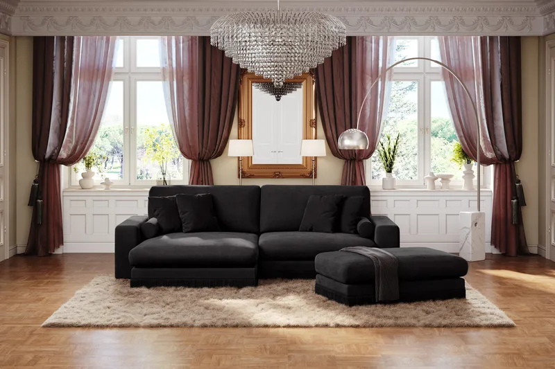 Arken Lyx dyb, vendbar L-formet 4-personers chaiselongsofa i velour - Sort - Møbler - Sofaer - Sofa med chaiselong