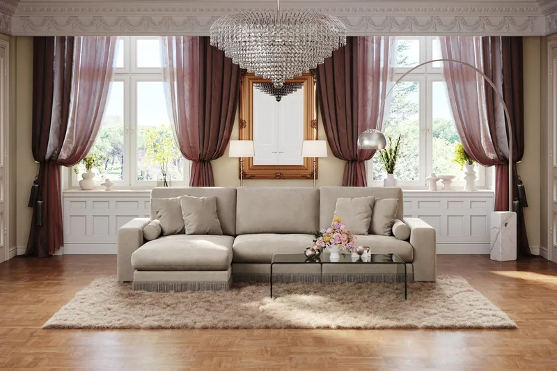 Arken Lyx dyb, vendbar L-formet 5-personers chaiselongsofa i velour - Beige - Møbler - Sofaer - Sofa med chaiselong