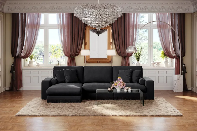 Arken Lyx dyb, vendbar L-formet 5-personers chaiselongsofa i velour - Sort - Møbler - Sofaer - Sofa med chaiselong