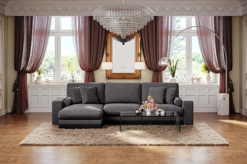 Arken Lyx dyb, vendbar L-formet 5-personers chaiselongsofa i velour - Mørkegrå - Møbler - Sofaer - Sofa med chaiselong