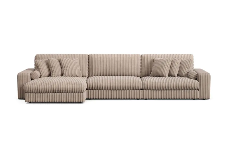 Arken Lyx dyb, vendbar L-formet 6-personers chaiselongsofa i riflet fløjl, Greige
