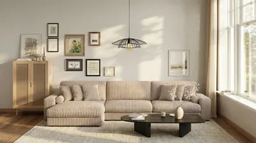 Arken Lyx dyb, vendbar L-formet 6-personers chaiselongsofa i riflet fløjl - Greige - Møbler - Sofaer - Sofa med chaiselong