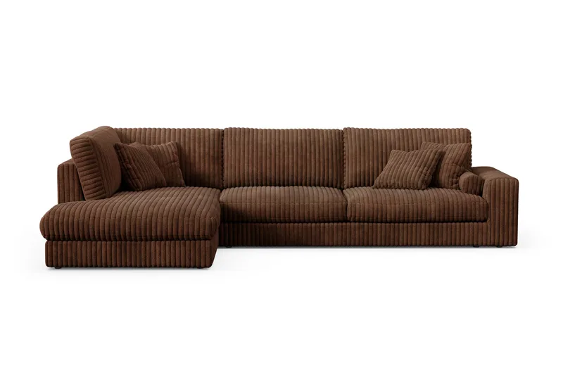 Arken Lyx dyb, venstrevendt 5-personers chaiselongsofa i riflet fløjl, Mørkebrun