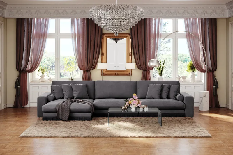 Arken Lyx dyb 6-personers vendbar L-formet chaiselongsofa i velour - Mørkegrå - Møbler - Sofaer - Sofa med chaiselong