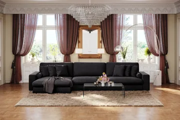 Arken Lyx dyb 6-personers vendbar L-formet chaiselongsofa i velour - Sort - Møbler - Sofaer - Sofa med chaiselong
