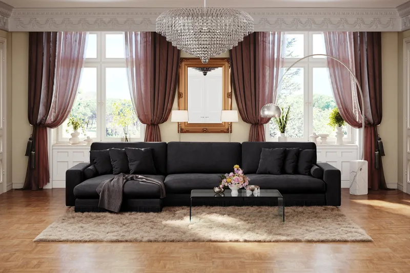 Arken Lyx dyb 6-personers vendbar L-formet chaiselongsofa i velour - Sort - Møbler - Sofaer - Sofa med chaiselong