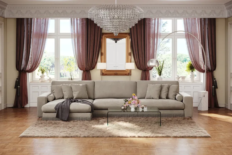 Arken Lyx dyb 6-personers vendbar L-formet chaiselongsofa i velour - Beige - Møbler - Sofaer - Sofa med chaiselong