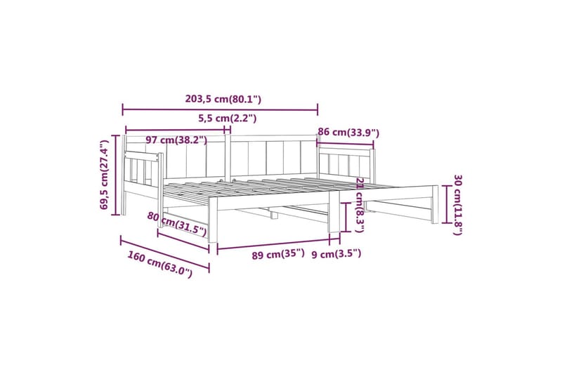 beBasic daybed med udtræk 2x(80x200) cm massivt fyrretræ sort - Sort - Møbler - Sofaer - Daybed