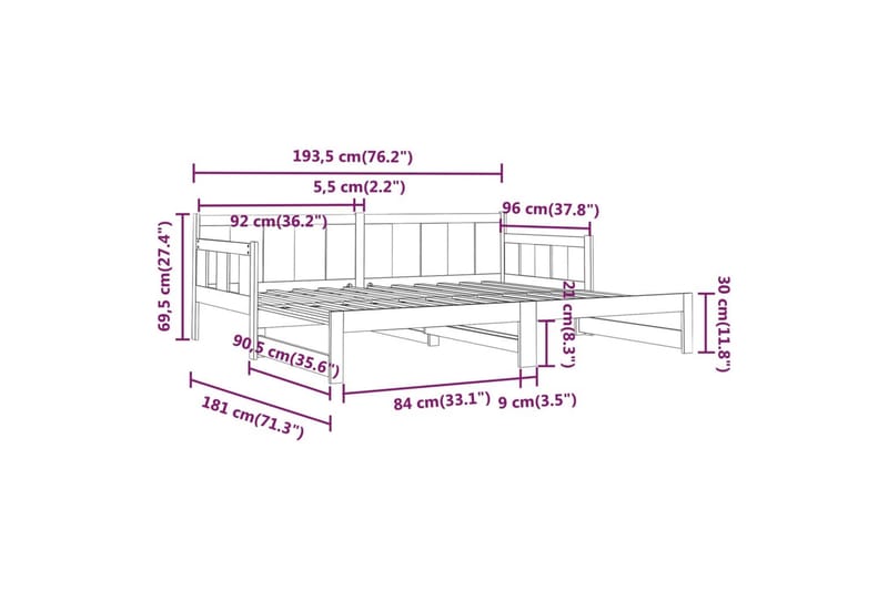 beBasic daybed med udtræk 2x(90x190) cm massivt fyrretræ - Brun - Sovesofaer